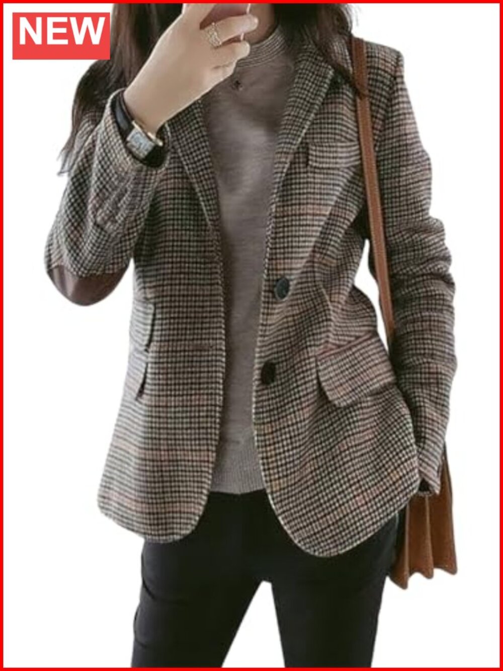 Womens Houndstooth Plaid Blazer Notch Lapel Button Patched Elbow Jacket